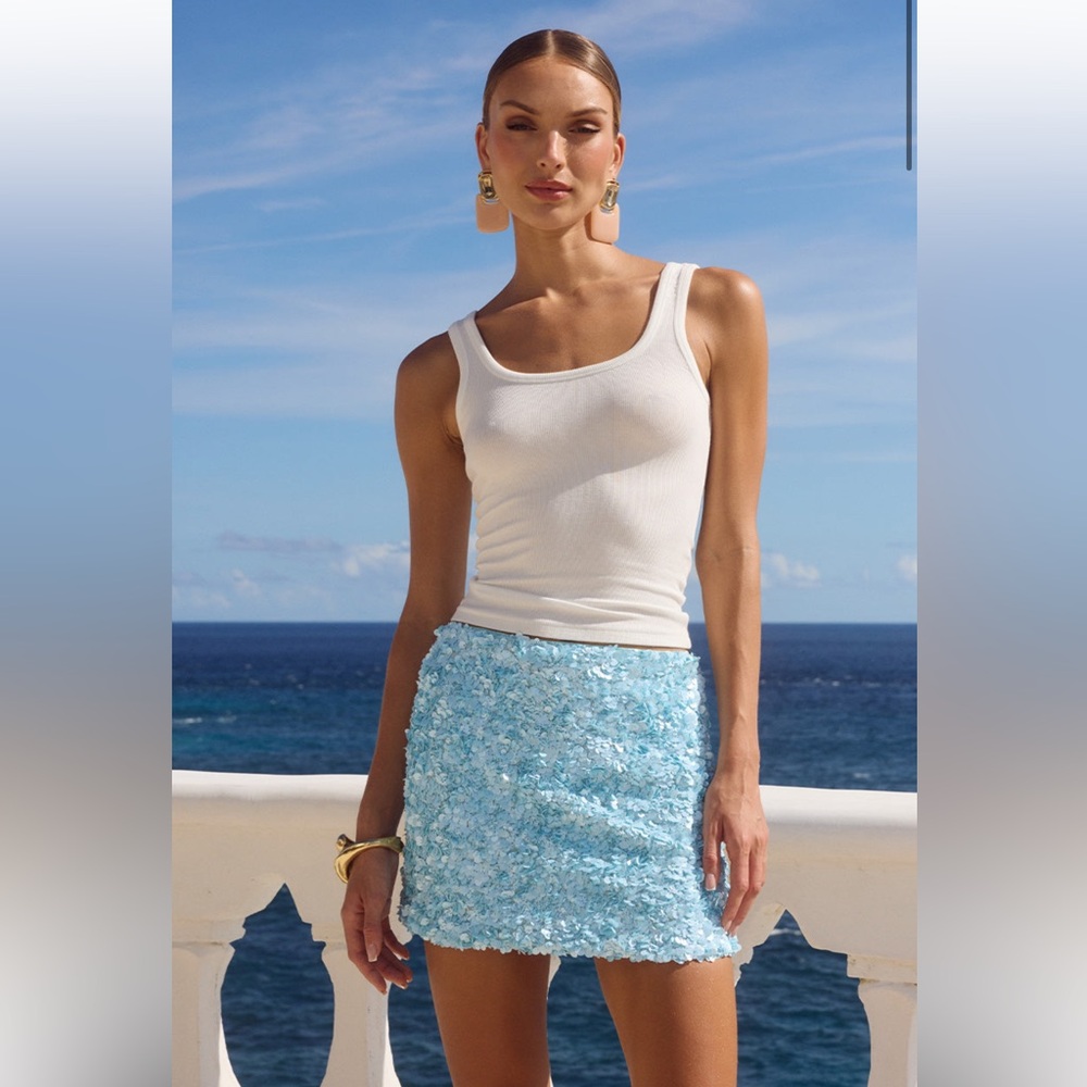 Light Blue Floral Sequin Mini Skirt - Women's